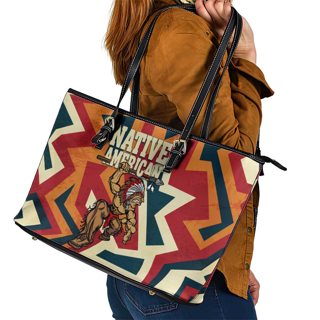 Native American Warrior Leather Tote Bag with Tribal Geometric Pattern Bold Sunset Mountain - Wonder Print Shop