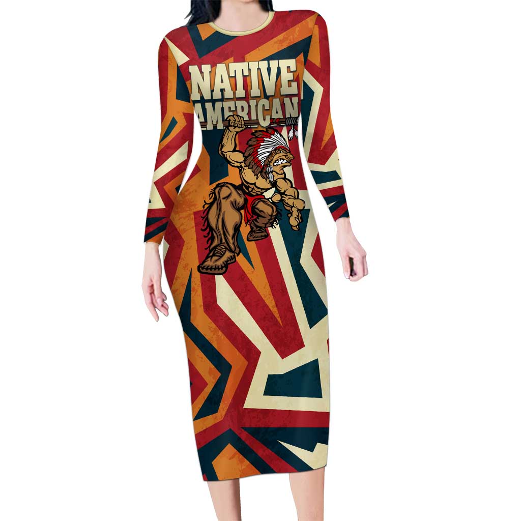 Native American Warrior Long Sleeve Bodycon Dress with Tribal Geometric Pattern Bold Sunset Mountain - Wonder Print Shop