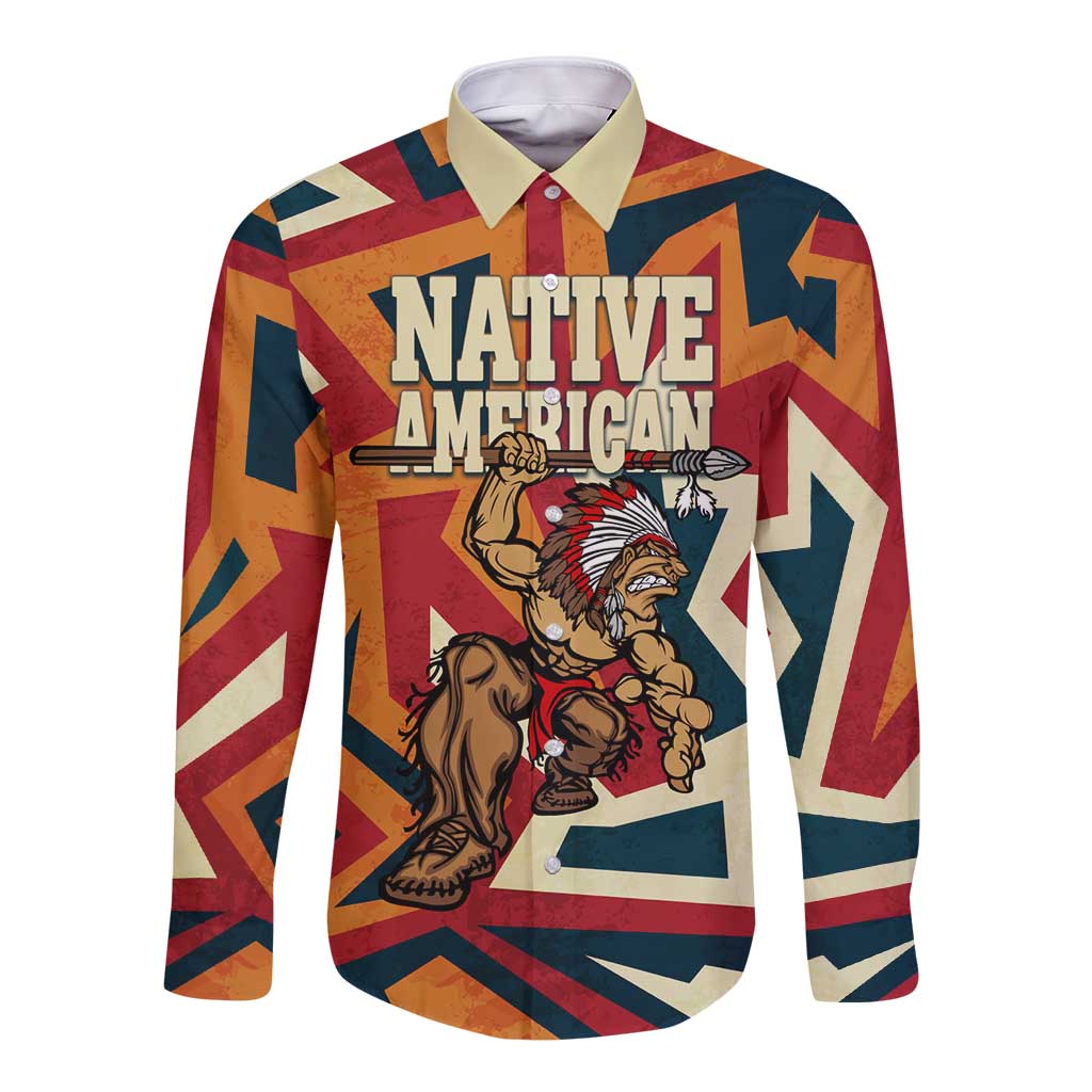 Native American Warrior Long Sleeve Button Shirt with Tribal Geometric Pattern Bold Sunset Mountain - Wonder Print Shop