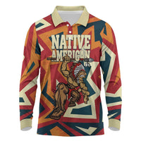 Native American Warrior Long Sleeve Polo Shirt with Tribal Geometric Pattern Bold Sunset Mountain - Wonder Print Shop