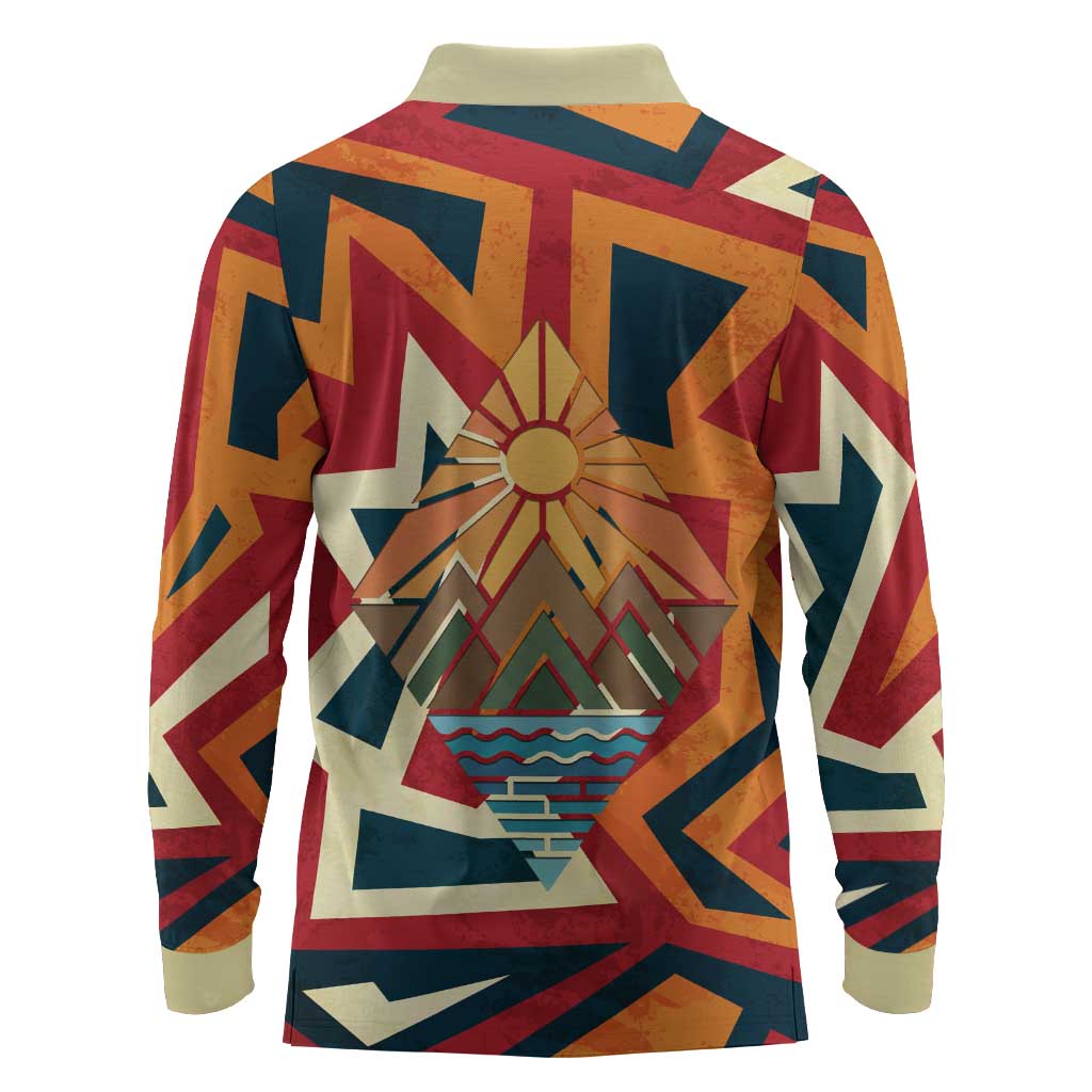 Native American Warrior Long Sleeve Polo Shirt with Tribal Geometric Pattern Bold Sunset Mountain - Wonder Print Shop