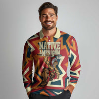 Native American Warrior Long Sleeve Polo Shirt with Tribal Geometric Pattern Bold Sunset Mountain - Wonder Print Shop
