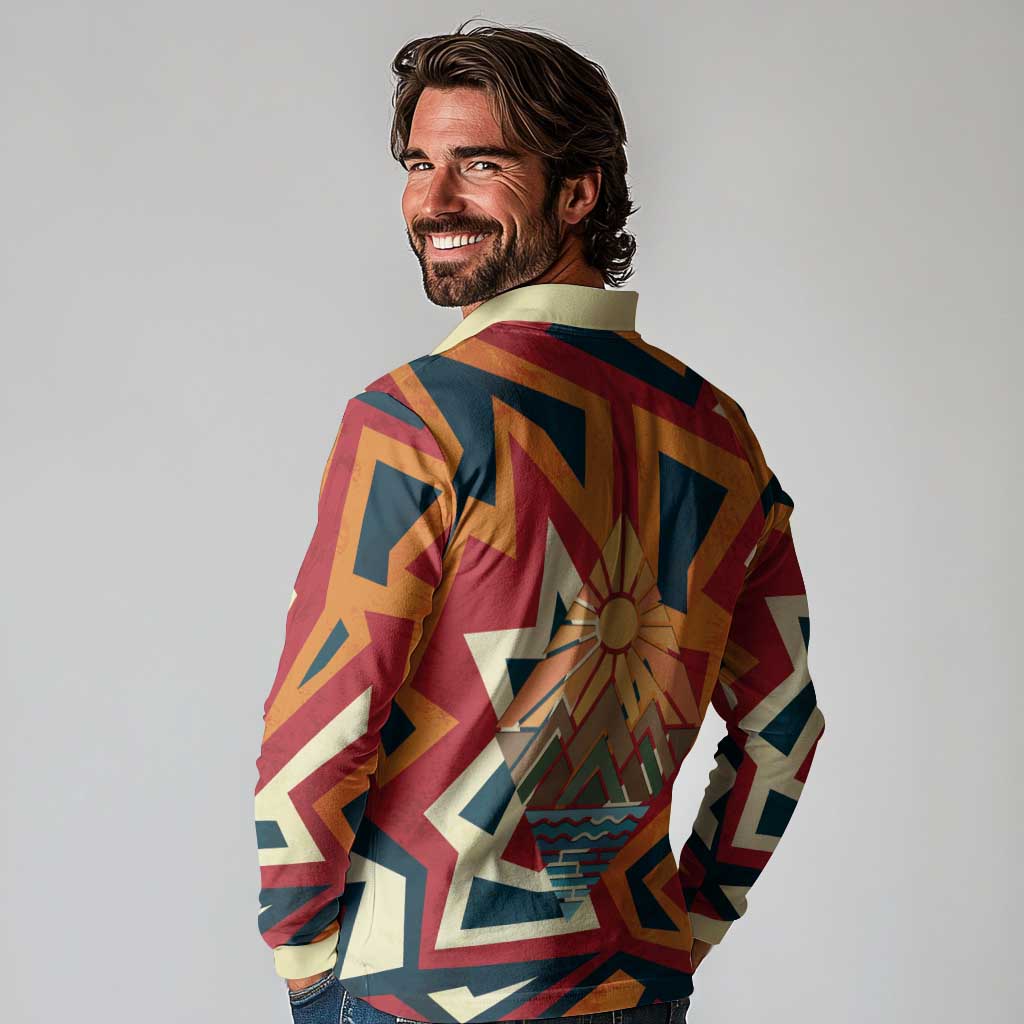 Native American Warrior Long Sleeve Polo Shirt with Tribal Geometric Pattern Bold Sunset Mountain - Wonder Print Shop