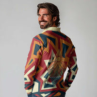 Native American Warrior Long Sleeve Polo Shirt with Tribal Geometric Pattern Bold Sunset Mountain - Wonder Print Shop