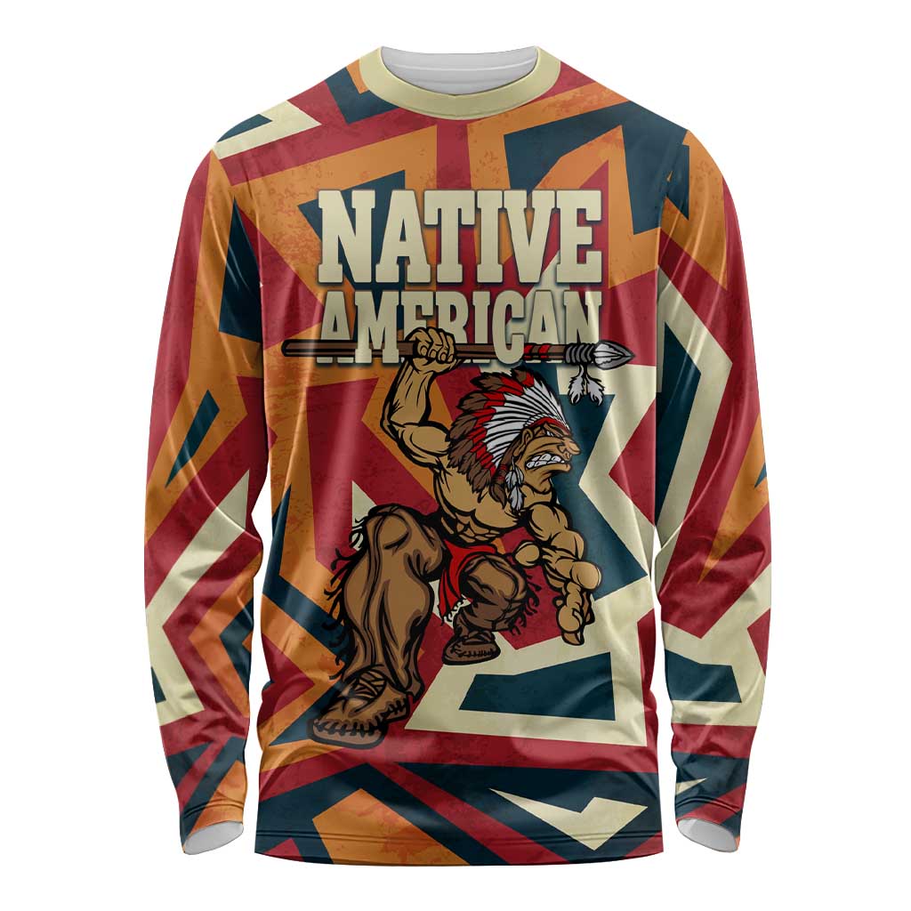 Native American Warrior Long Sleeve Shirt with Tribal Geometric Pattern Bold Sunset Mountain - Wonder Print Shop