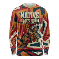Native American Warrior Long Sleeve Shirt with Tribal Geometric Pattern Bold Sunset Mountain - Wonder Print Shop
