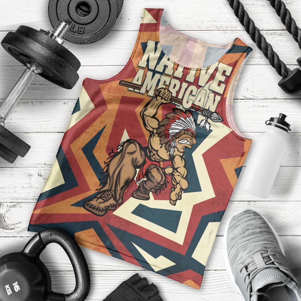 Native American Warrior Men Tank Top with Tribal Geometric Pattern Bold Sunset Mountain - Wonder Print Shop