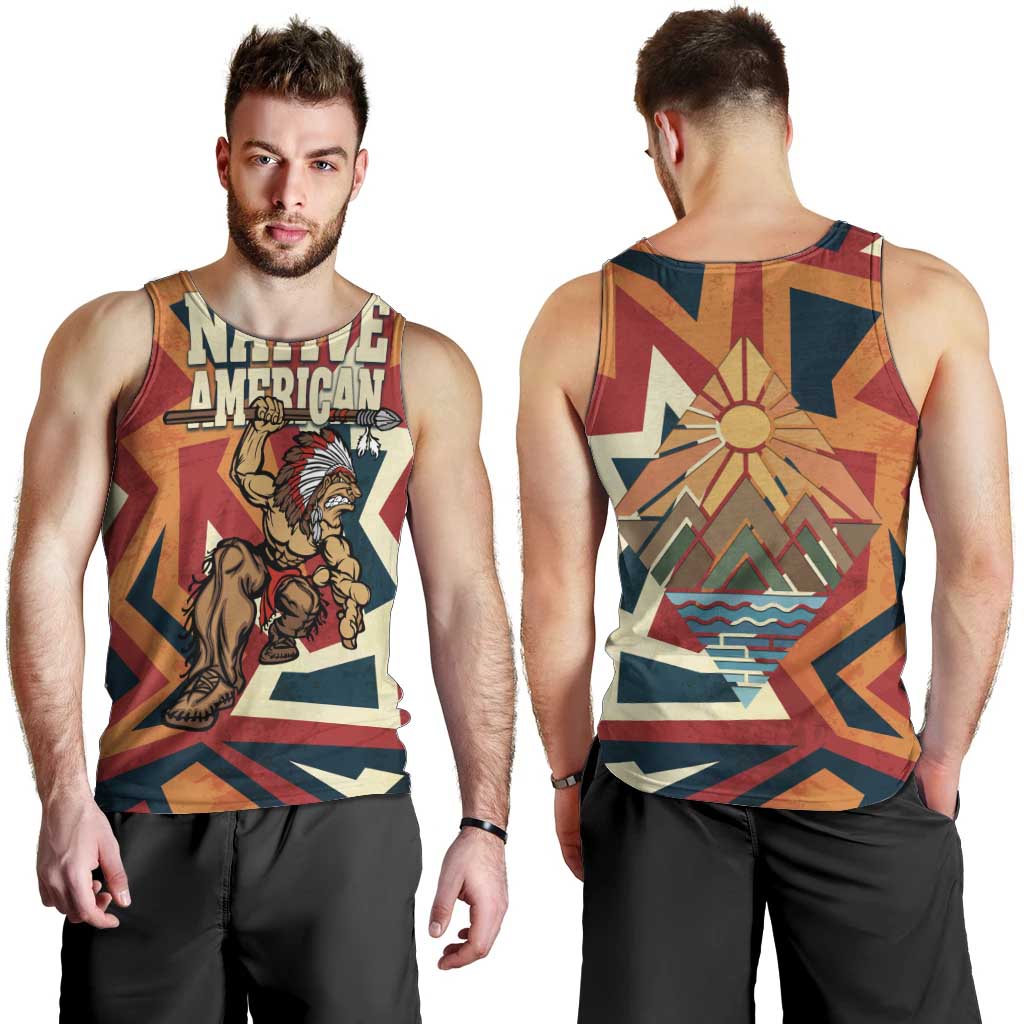 Native American Warrior Men Tank Top with Tribal Geometric Pattern Bold Sunset Mountain - Wonder Print Shop