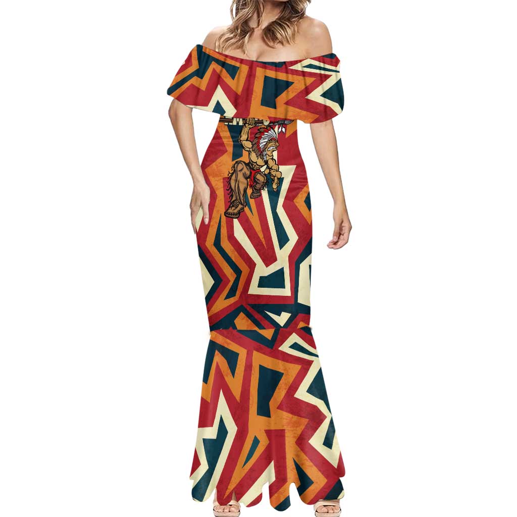 Native American Warrior Mermaid Dress with Tribal Geometric Pattern Bold Sunset Mountain - Wonder Print Shop