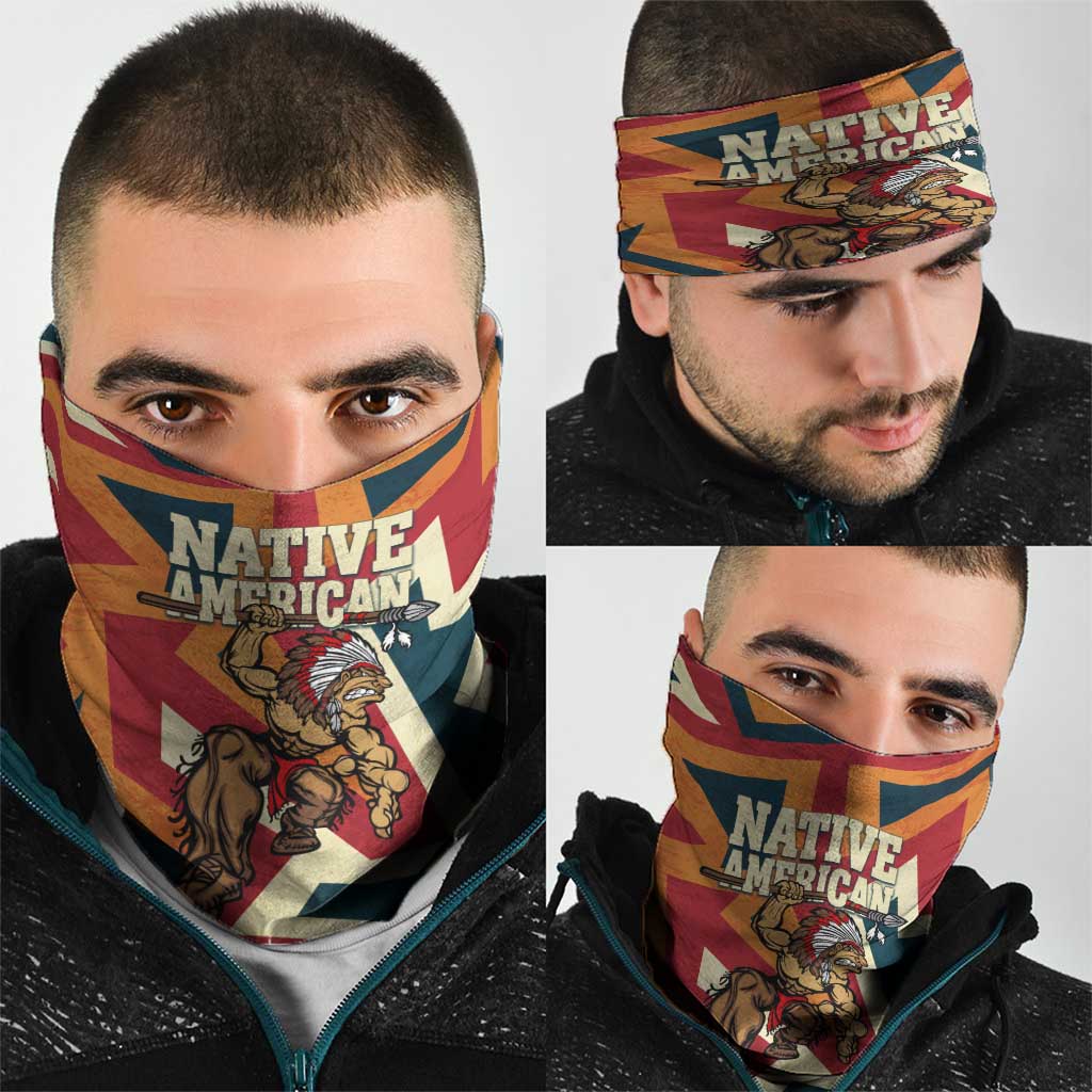 Native American Warrior Neck Gaiter with Tribal Geometric Pattern Bold Sunset Mountain - Wonder Print Shop