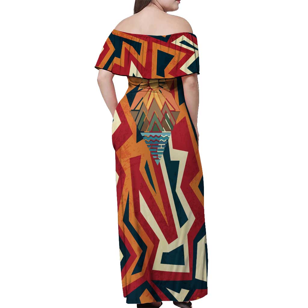 Native American Warrior Off Shoulder Maxi Dress with Tribal Geometric Pattern Bold Sunset Mountain - Wonder Print Shop