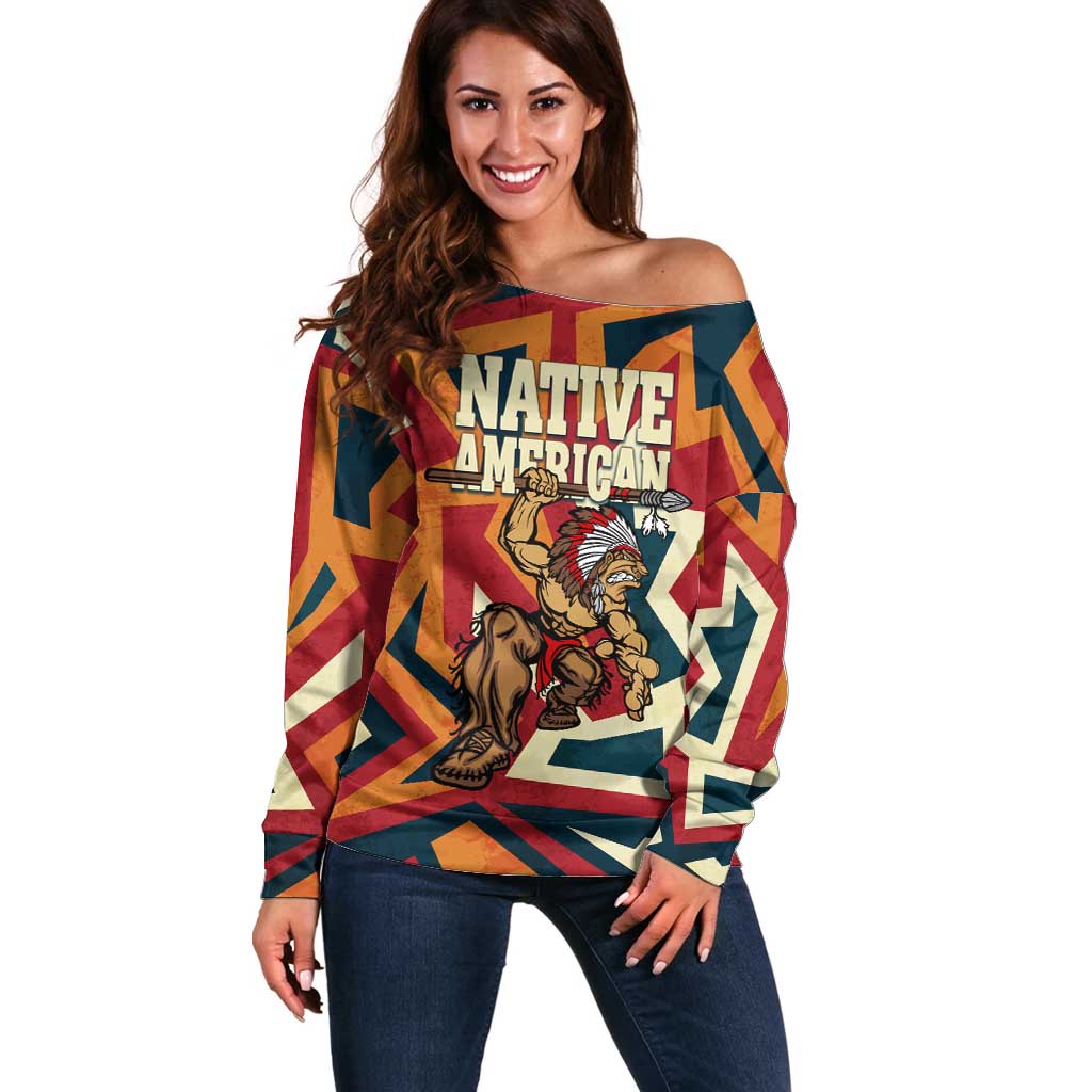 Native American Warrior Off Shoulder Sweater with Tribal Geometric Pattern Bold Sunset Mountain - Wonder Print Shop