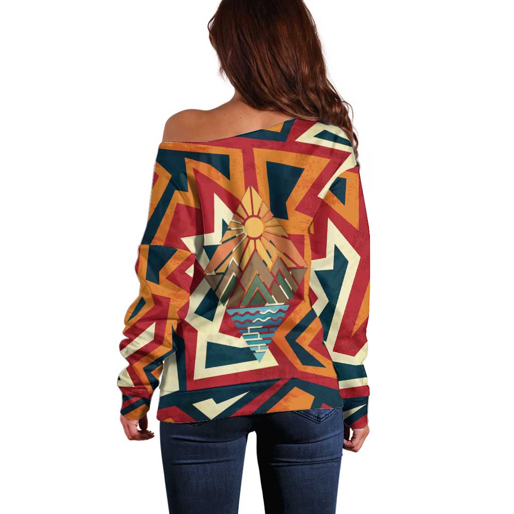 Native American Warrior Off Shoulder Sweater with Tribal Geometric Pattern Bold Sunset Mountain - Wonder Print Shop
