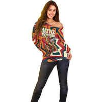 Native American Warrior Off Shoulder Sweater with Tribal Geometric Pattern Bold Sunset Mountain - Wonder Print Shop