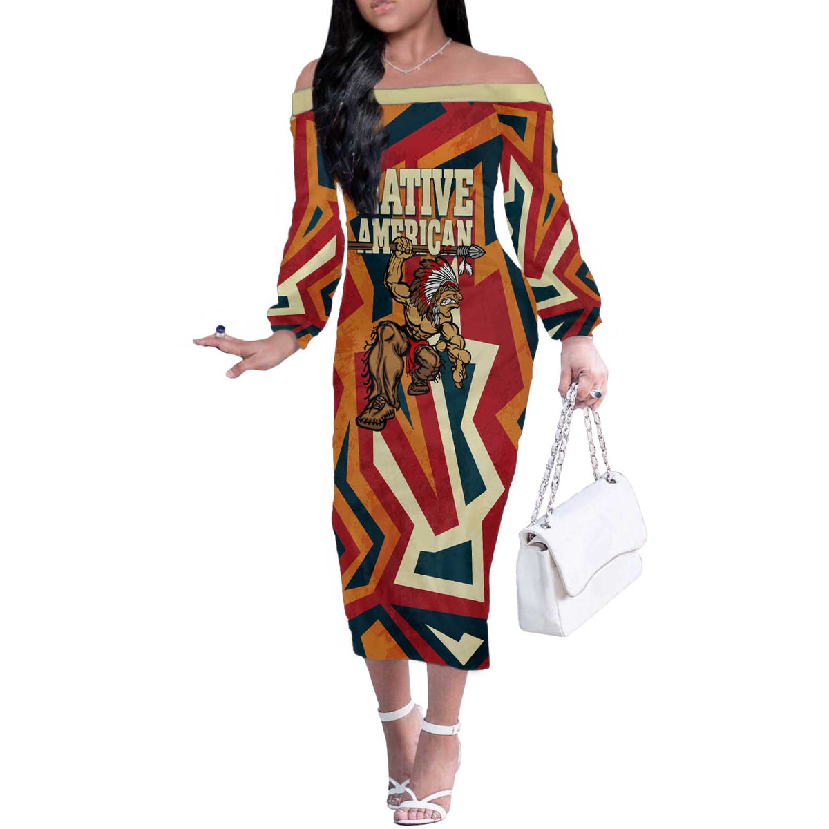 Native American Warrior Off The Shoulder Long Sleeve Dress with Tribal Geometric Pattern Bold Sunset Mountain - Wonder Print Shop