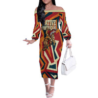 Native American Warrior Off The Shoulder Long Sleeve Dress with Tribal Geometric Pattern Bold Sunset Mountain - Wonder Print Shop