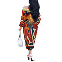 Native American Warrior Off The Shoulder Long Sleeve Dress with Tribal Geometric Pattern Bold Sunset Mountain - Wonder Print Shop