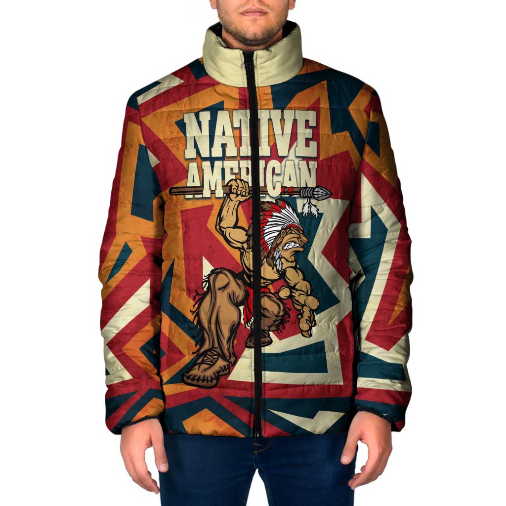 Native American Warrior Padded Jacket with Tribal Geometric Pattern Bold Sunset Mountain - Wonder Print Shop