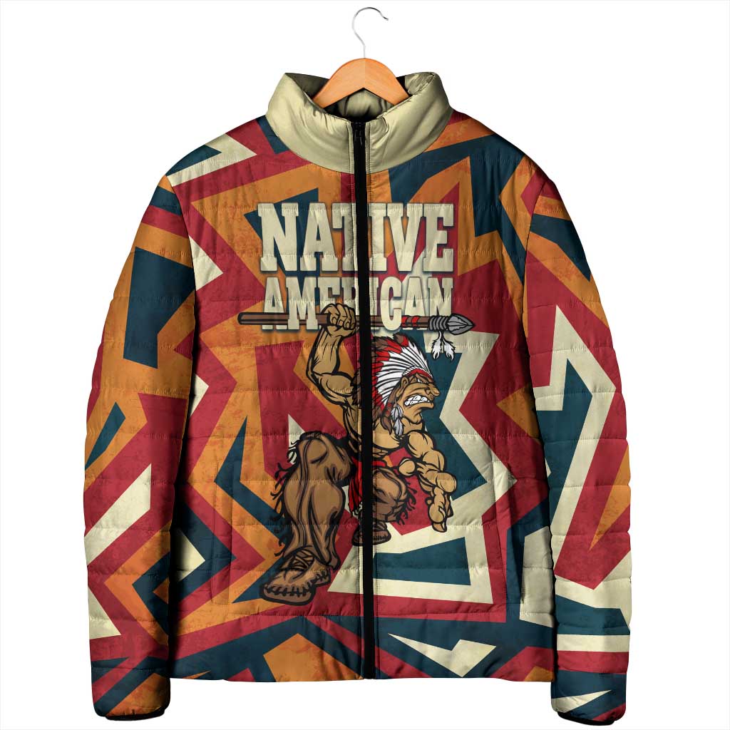 Native American Warrior Padded Jacket with Tribal Geometric Pattern Bold Sunset Mountain - Wonder Print Shop