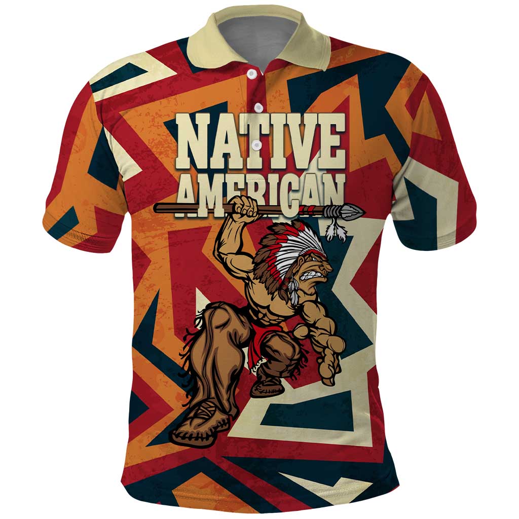 Native American Warrior Polo Shirt with Tribal Geometric Pattern Bold Sunset Mountain - Wonder Print Shop