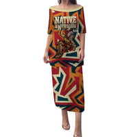 Native American Warrior Puletasi with Tribal Geometric Pattern Bold Sunset Mountain - Wonder Print Shop