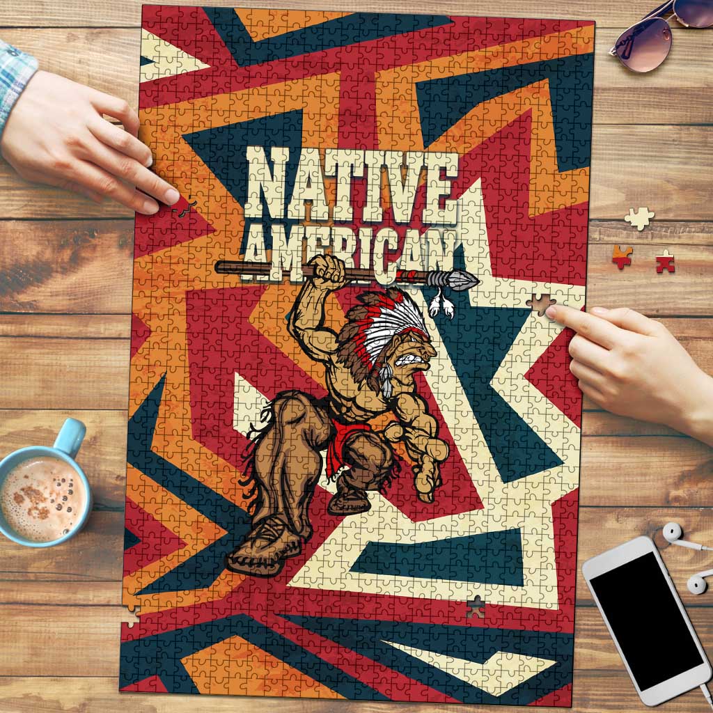 Native American Warrior Puzzle with Tribal Geometric Pattern Bold Sunset Mountain - Wonder Print Shop