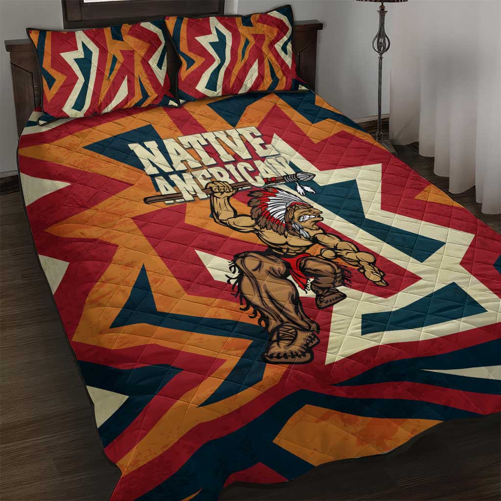 Native American Warrior Quilt Bed Set with Tribal Geometric Pattern Bold Sunset Mountain - Wonder Print Shop