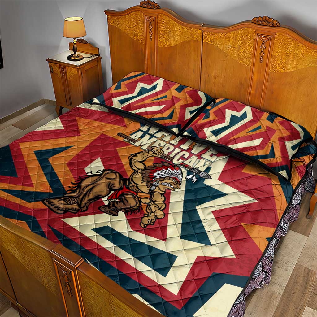 Native American Warrior Quilt Bed Set with Tribal Geometric Pattern Bold Sunset Mountain - Wonder Print Shop