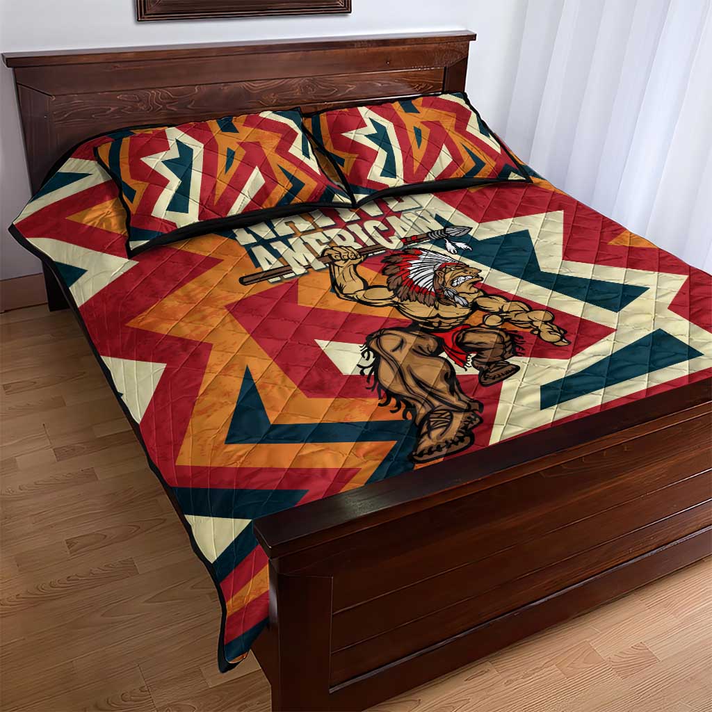Native American Warrior Quilt Bed Set with Tribal Geometric Pattern Bold Sunset Mountain - Wonder Print Shop