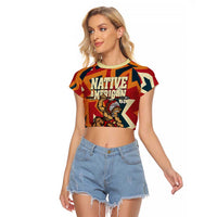Native American Warrior Raglan Cropped T Shirt with Tribal Geometric Pattern Bold Sunset Mountain - Wonder Print Shop