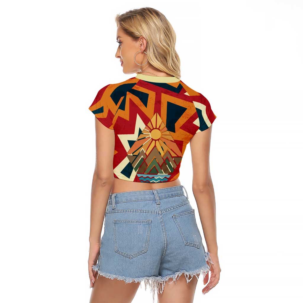 Native American Warrior Raglan Cropped T Shirt with Tribal Geometric Pattern Bold Sunset Mountain - Wonder Print Shop
