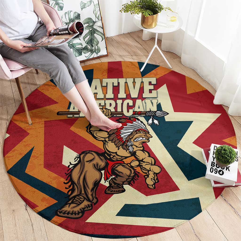 Native American Warrior Round Carpet with Tribal Geometric Pattern Bold Sunset Mountain - Wonder Print Shop