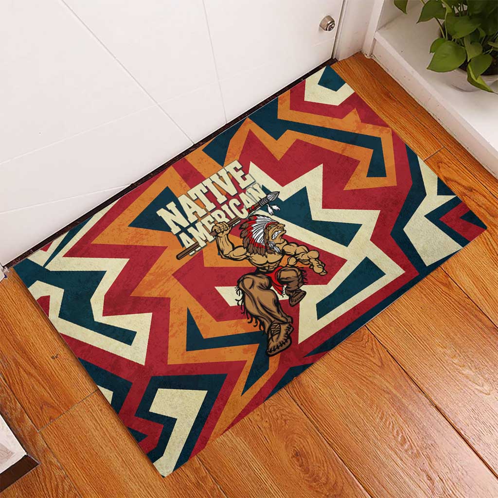 Native American Warrior Rubber Doormat with Tribal Geometric Pattern Bold Sunset Mountain - Wonder Print Shop
