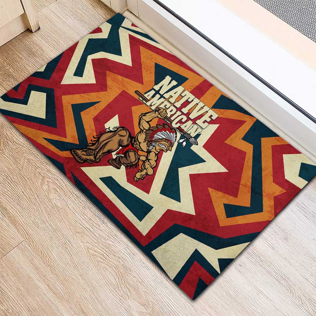 Native American Warrior Rubber Doormat with Tribal Geometric Pattern Bold Sunset Mountain - Wonder Print Shop