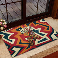 Native American Warrior Rubber Doormat with Tribal Geometric Pattern Bold Sunset Mountain - Wonder Print Shop