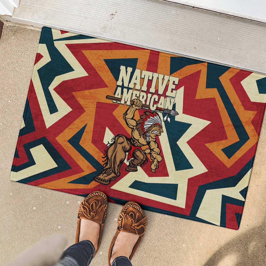 Native American Warrior Rubber Doormat with Tribal Geometric Pattern Bold Sunset Mountain - Wonder Print Shop