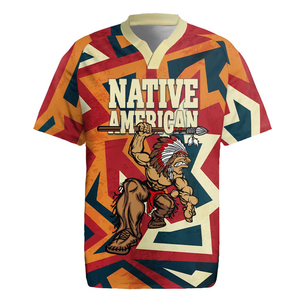 Native American Warrior Rugby Jersey with Tribal Geometric Pattern Bold Sunset Mountain - Wonder Print Shop