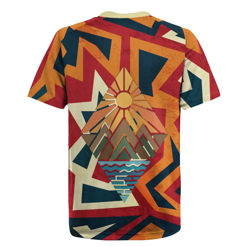 Native American Warrior Rugby Jersey with Tribal Geometric Pattern Bold Sunset Mountain - Wonder Print Shop