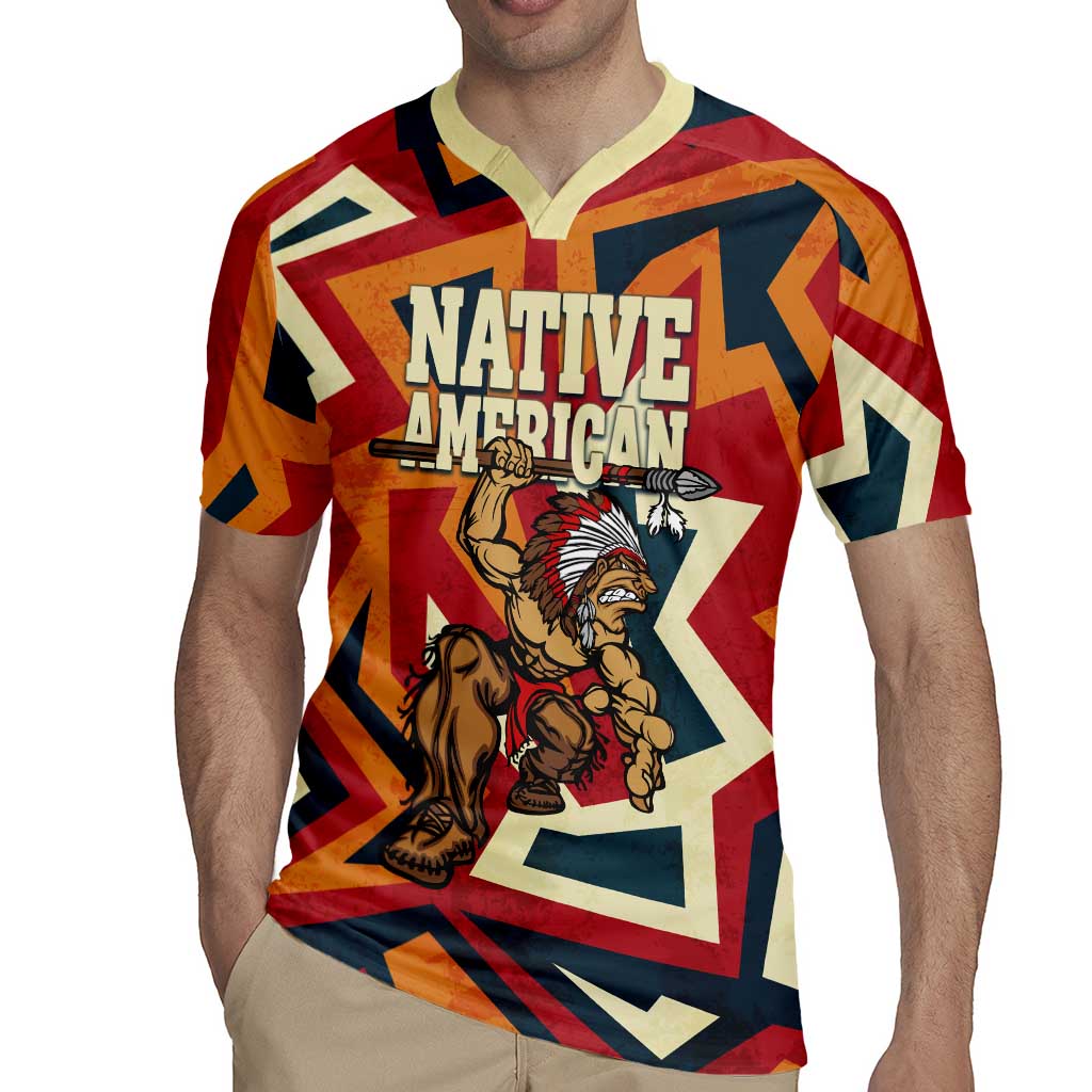 Native American Warrior Rugby Jersey with Tribal Geometric Pattern Bold Sunset Mountain - Wonder Print Shop