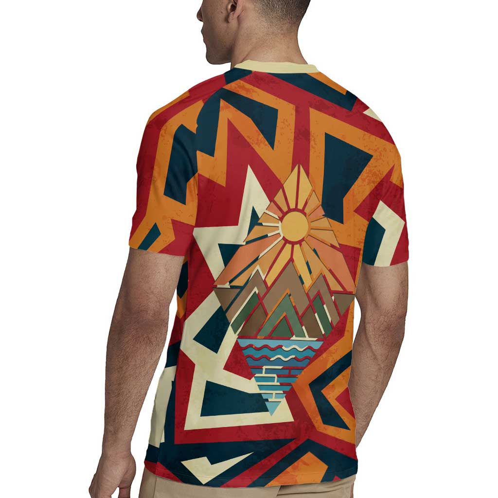 Native American Warrior Rugby Jersey with Tribal Geometric Pattern Bold Sunset Mountain - Wonder Print Shop