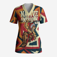 Native American Warrior Scrub Top with Tribal Geometric Pattern Bold Sunset Mountain - Wonder Print Shop