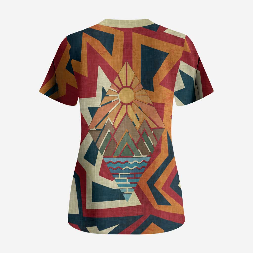 Native American Warrior Scrub Top with Tribal Geometric Pattern Bold Sunset Mountain - Wonder Print Shop