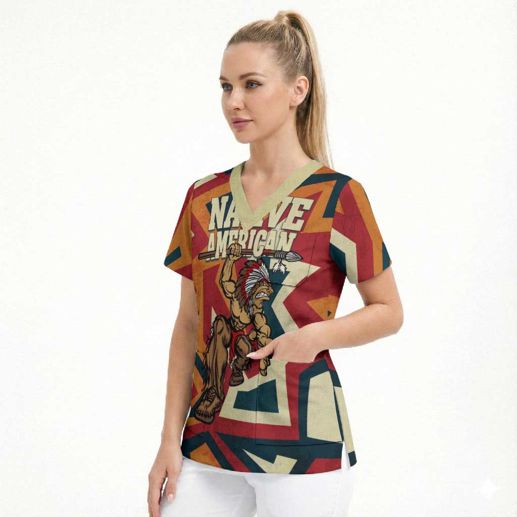Native American Warrior Scrub Top with Tribal Geometric Pattern Bold Sunset Mountain - Wonder Print Shop