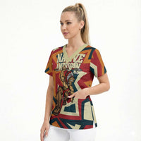 Native American Warrior Scrub Top with Tribal Geometric Pattern Bold Sunset Mountain - Wonder Print Shop