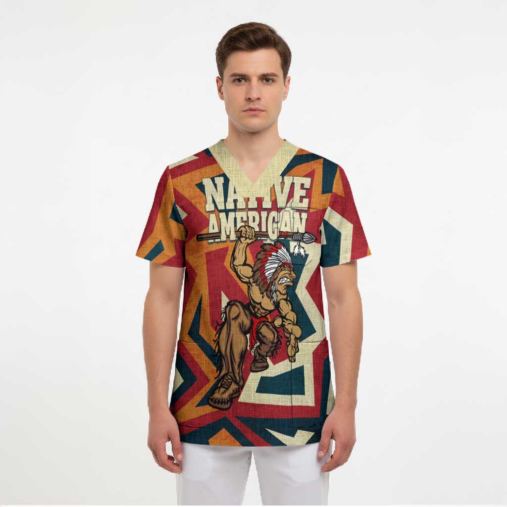 Native American Warrior Scrub Top with Tribal Geometric Pattern Bold Sunset Mountain - Wonder Print Shop
