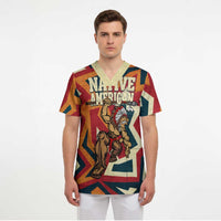 Native American Warrior Scrub Top with Tribal Geometric Pattern Bold Sunset Mountain - Wonder Print Shop