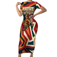 Native American Warrior Short Sleeve Bodycon Dress with Tribal Geometric Pattern Bold Sunset Mountain - Wonder Print Shop