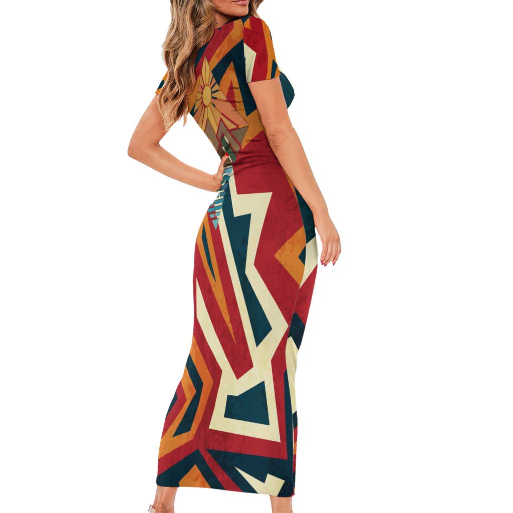 Native American Warrior Short Sleeve Bodycon Dress with Tribal Geometric Pattern Bold Sunset Mountain - Wonder Print Shop