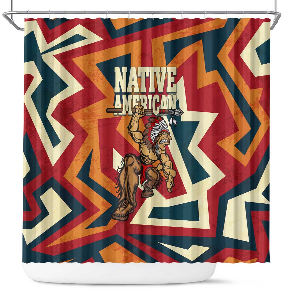 Native American Warrior Shower Curtain with Tribal Geometric Pattern Bold Sunset Mountain - Wonder Print Shop