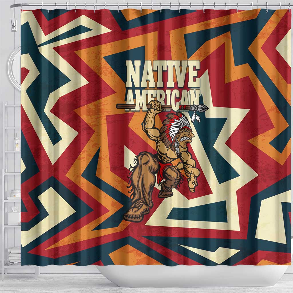 Native American Warrior Shower Curtain with Tribal Geometric Pattern Bold Sunset Mountain - Wonder Print Shop